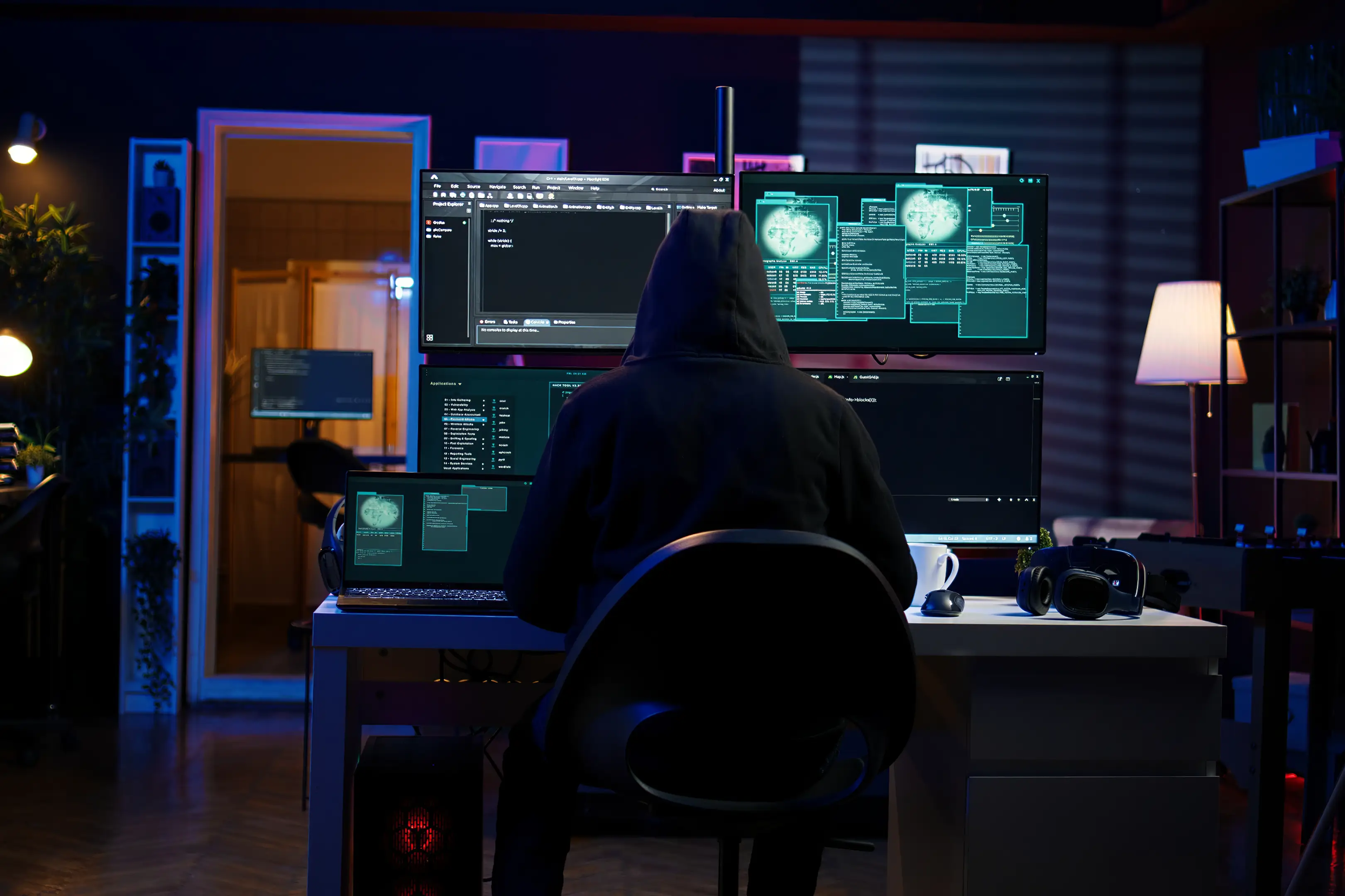 hacker arriving secret base with laptop ready start programming viruses 1